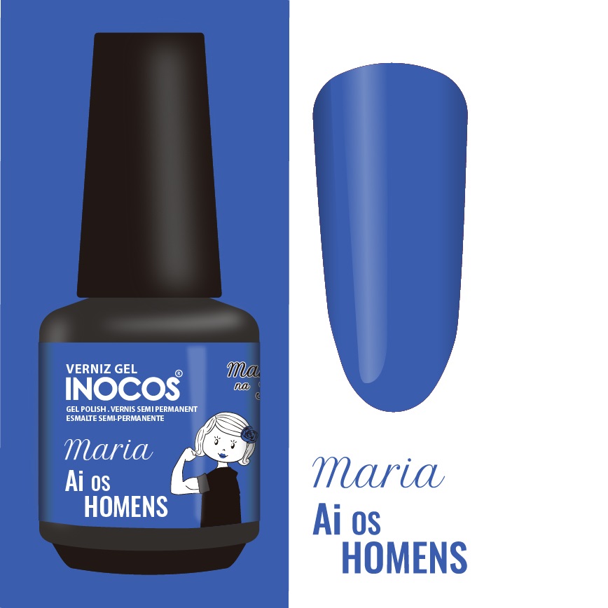 INOCOS VERNIZ GEL MARIA AI OS HOMENS 15ML Verniz gel Inocos azul Maria Ai os Homens com unha azul ao lado