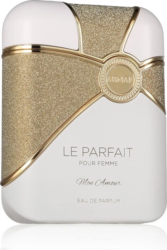 Le Parfait Mon Amour Armaf Feminino 100ml Frasco de perfume branco e dourado com texto e logo Armaf