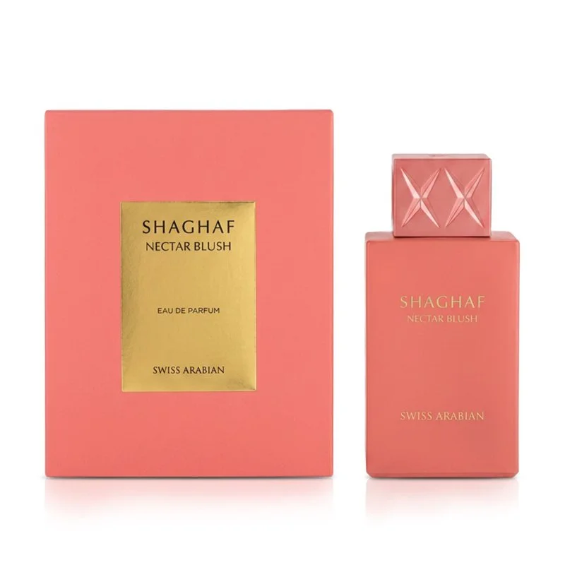 Swiss Arabian Shaghaf Nectar Blush Eau de Parfum Spray Frasco coral de perfume Shaghaf Nectar Blush com caixa coral