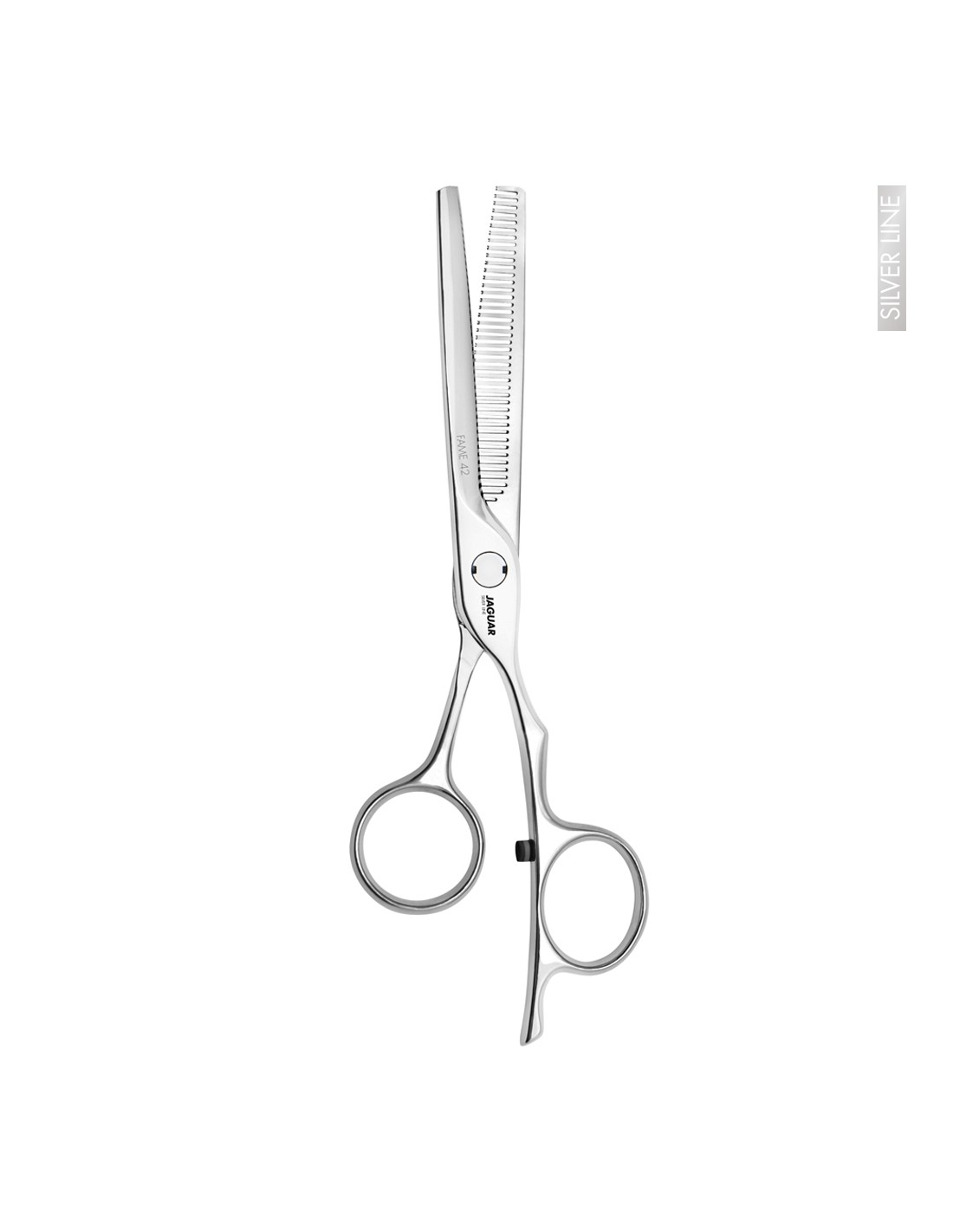 Jaguar Tesoura Desbaste Fame 42 - Silver Line Tesoura de desbaste prateada em fundo branco com texto SILVER LINE