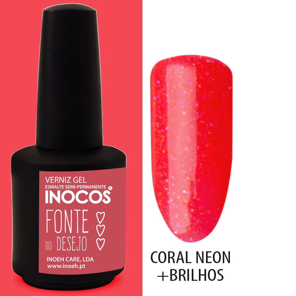 INOCOS VERNIZ GEL FONTE DO DESEJO 15ML Verniz gel INOCOS Coral Neon com brilho e amostra da cor