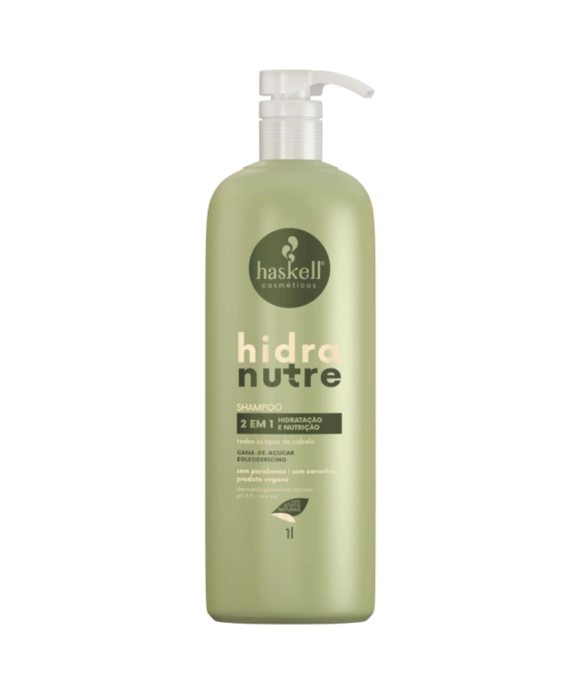 Haskell Shampoo HidraNutre 1L Frasco verde de shampoo Haskell Hidra Nutre 2 em 1 com tampa dosadora branca