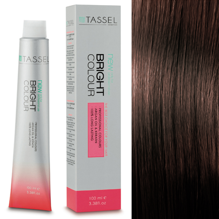 TASSEL NORDIC BRIGHT COLOR Nº5.77 CASTANHO CHOCOLATE Tubo e caixa de tinta de cabelo TASSEL Bright Colour 100 ml com amostra de cabelo castanho escuro