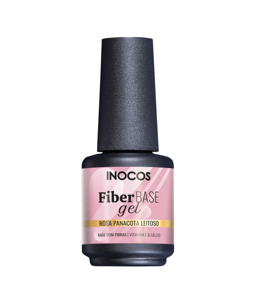 Inocos Verniz Gel Fiber Base Cover Rosa Panacota Leitoso Natura Lovers Chocolate Edition 15ml Frasco preto com rótulo rosa e branco de gel para unhas INOCOS Fiber Base gel cor rosa panacota