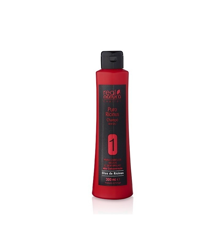 Real Natura Shampoo Puro Ricinios 300ML Frasco de champô real natura Puro Ricínius vermelho e preto