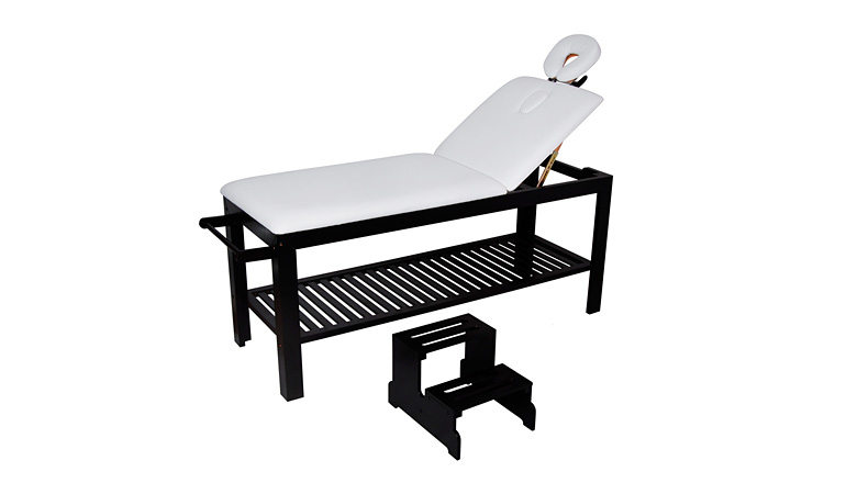 Weelko Marquesa de Madeira Bipartida Triet Cama de massagem com colchão branco e estrutura preta, suporte para cabeça redondo, banco pequeno preto