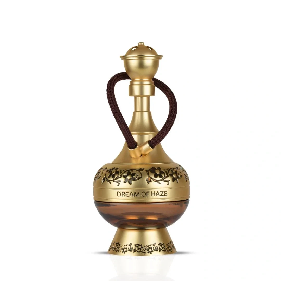 Dream Of Haze Lattafa Perfumes Compartilhável 100 ml Frasco de perfume dourado decorativo com alça de corda castanha