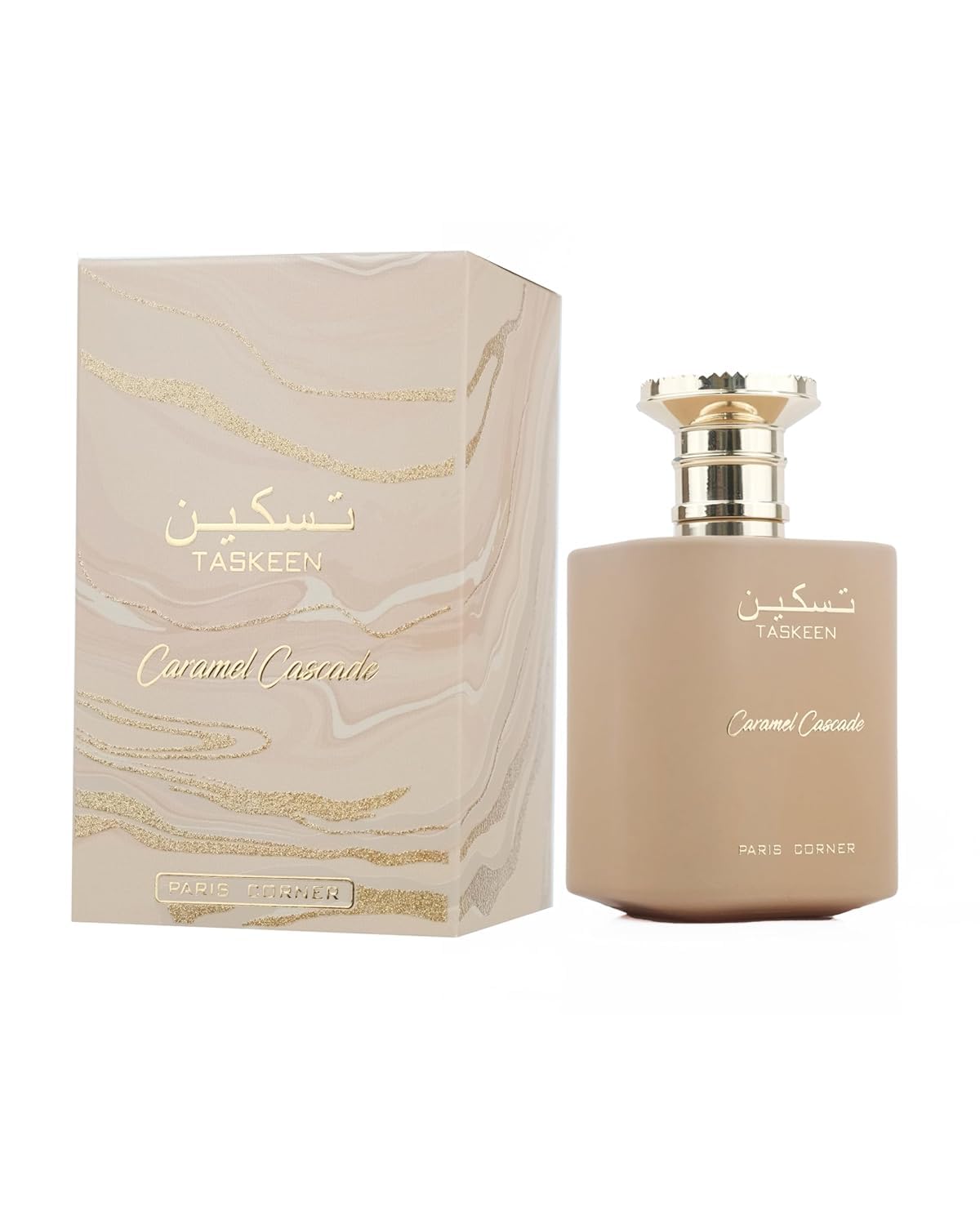 Taskeen Caramel Cascade | Paris Corner Perfume Taskeen Caramel Cascade e caixa bege com detalhes dourados