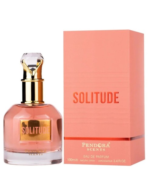 Pendora Scents Solitude EDP 100ml Frasco de perfume rosa e caixa rosa com texto SOLITUDE