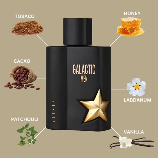 Maison Alhambra Galactic Men Elixir Eau De Parfum 100 ml Frasco preto de perfume Galactic Men Elixir com estrela dourada e ingredientes ao redor