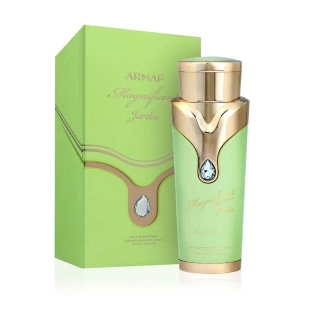Perfume ARMAF Magnificent Pour Femme Eau de Parfum 100 ml Perfume Armaf Magnificent Jardin com embalagem e frasco verde claro e detalhes dourados