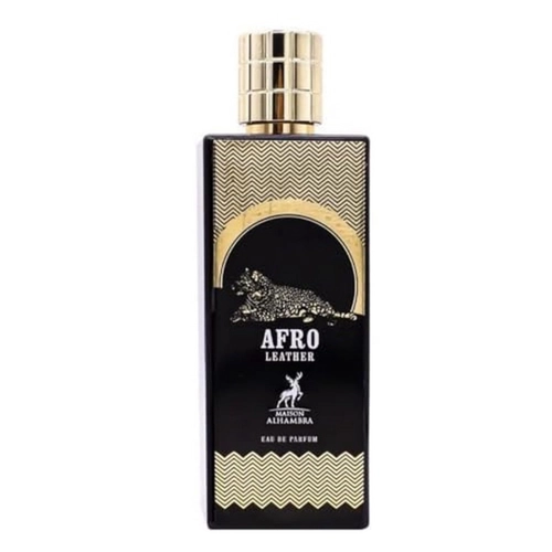 Maison Alhambra Men's Afro Leather 80ml Frasco preto de perfume Afro Leather com tampa dourada e detalhes dourados