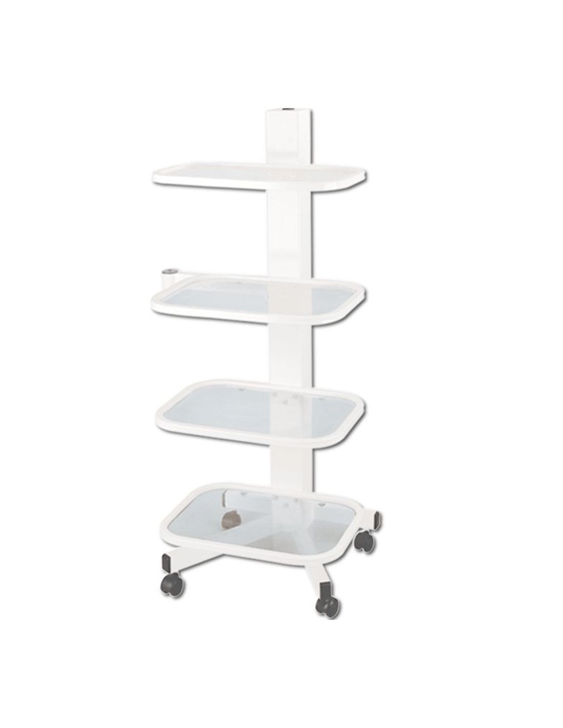 Coluna de Apoio Vertical 4 Prateleiras Carrinho branco de quatro níveis com rodas sobre fundo branco.