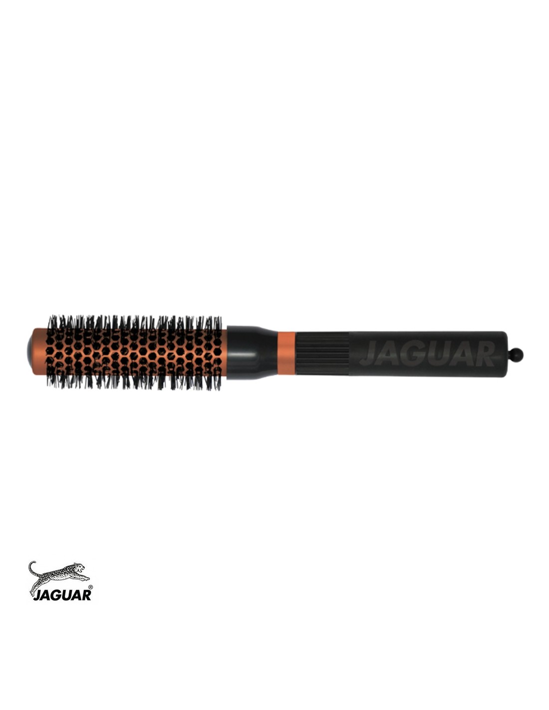 Jaguar Escova CC25 CC Serie Escova de cabelo redonda preta e castanha com padrão de orifícios e cabo com texto JAGUAR