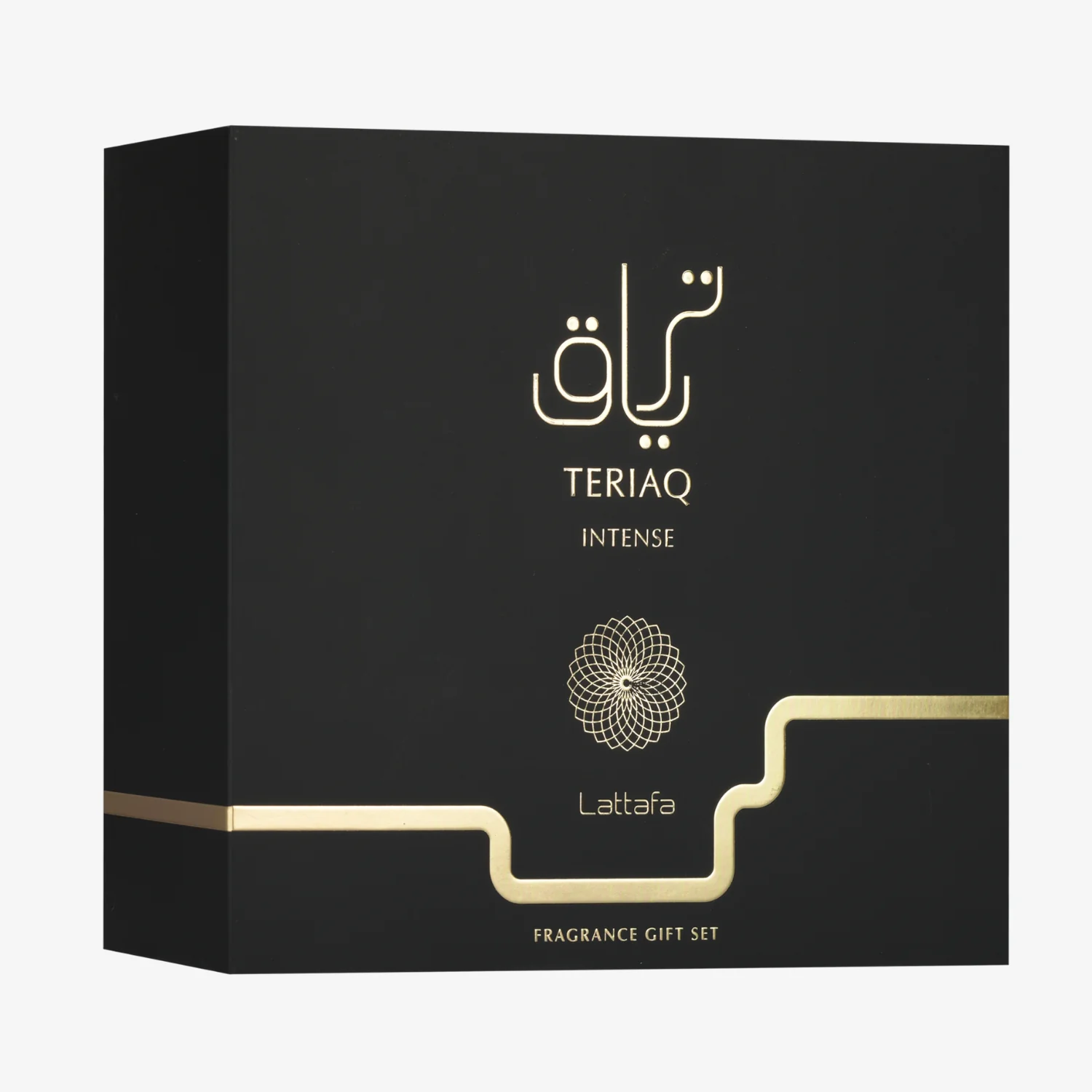 Lattafa 3p Giftset Teriaq Intense By Lattafa Caixa preta com texto dourado TERIAQ INTENSE e Lattafa