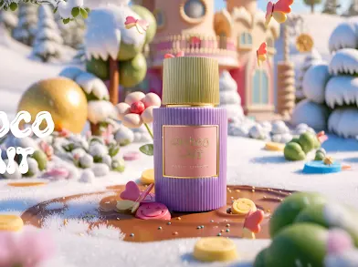 Paris Corner Choco Lait Eau De Parfum 100ml Frasco de perfume roxo com tampa dourada numa paisagem de inverno com neve e decoração colorida