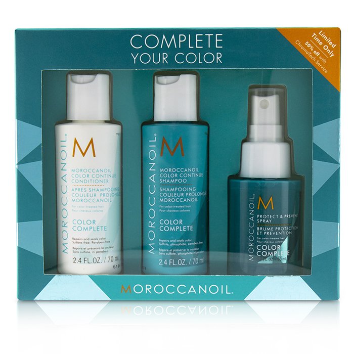 Moroccan Oil Complete Your Color 3 Piece Set 2.4oz/70mL 1.7oz/50mL Conjunto Moroccanoil Color Complete com condicionador, champô e spray em caixa azul