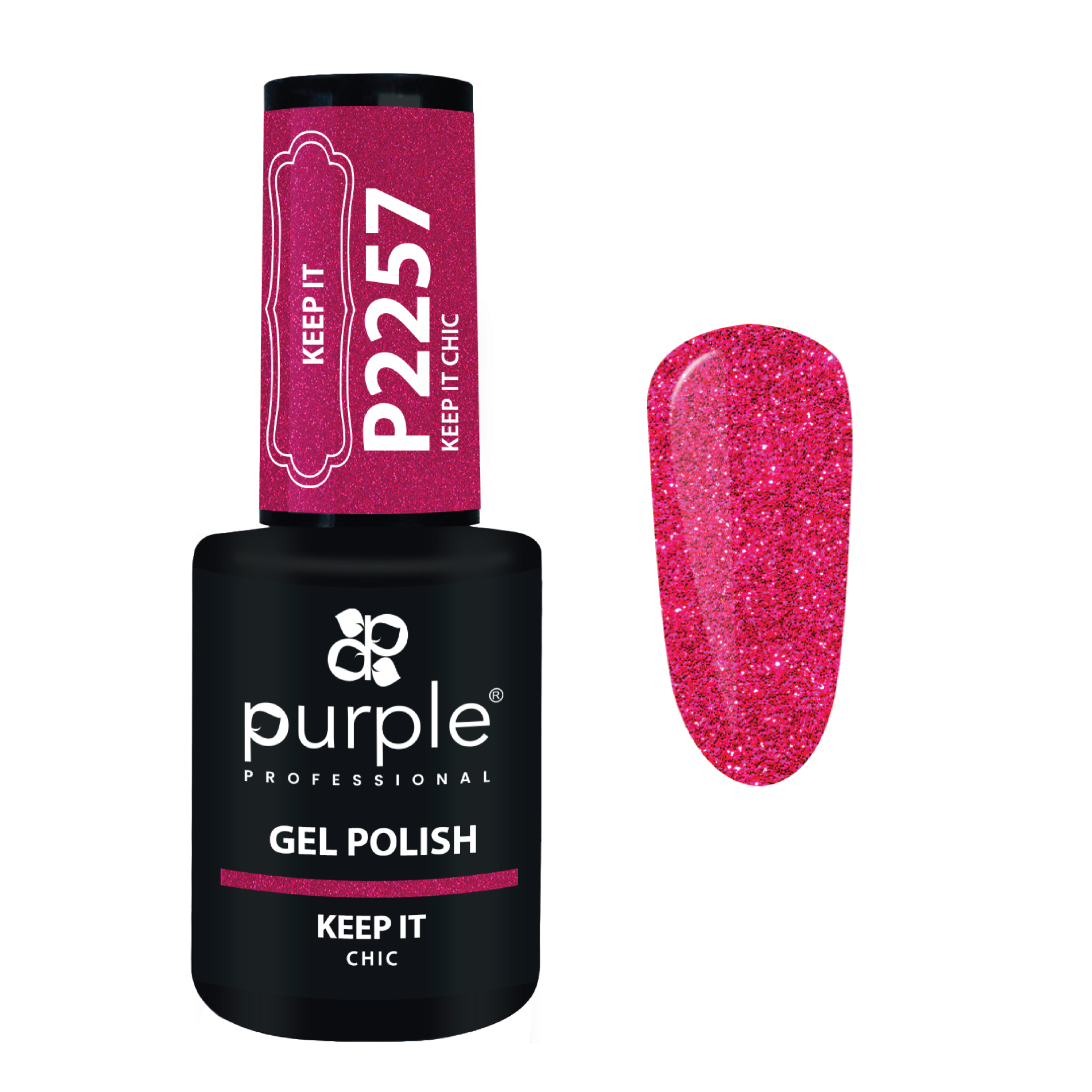 Purple Verniz Gel P2257 GEL POLISH KEEP IT CHIC 10ml Esmalte em gel rosa glitter Purple Professional com embalagem preta e rosa