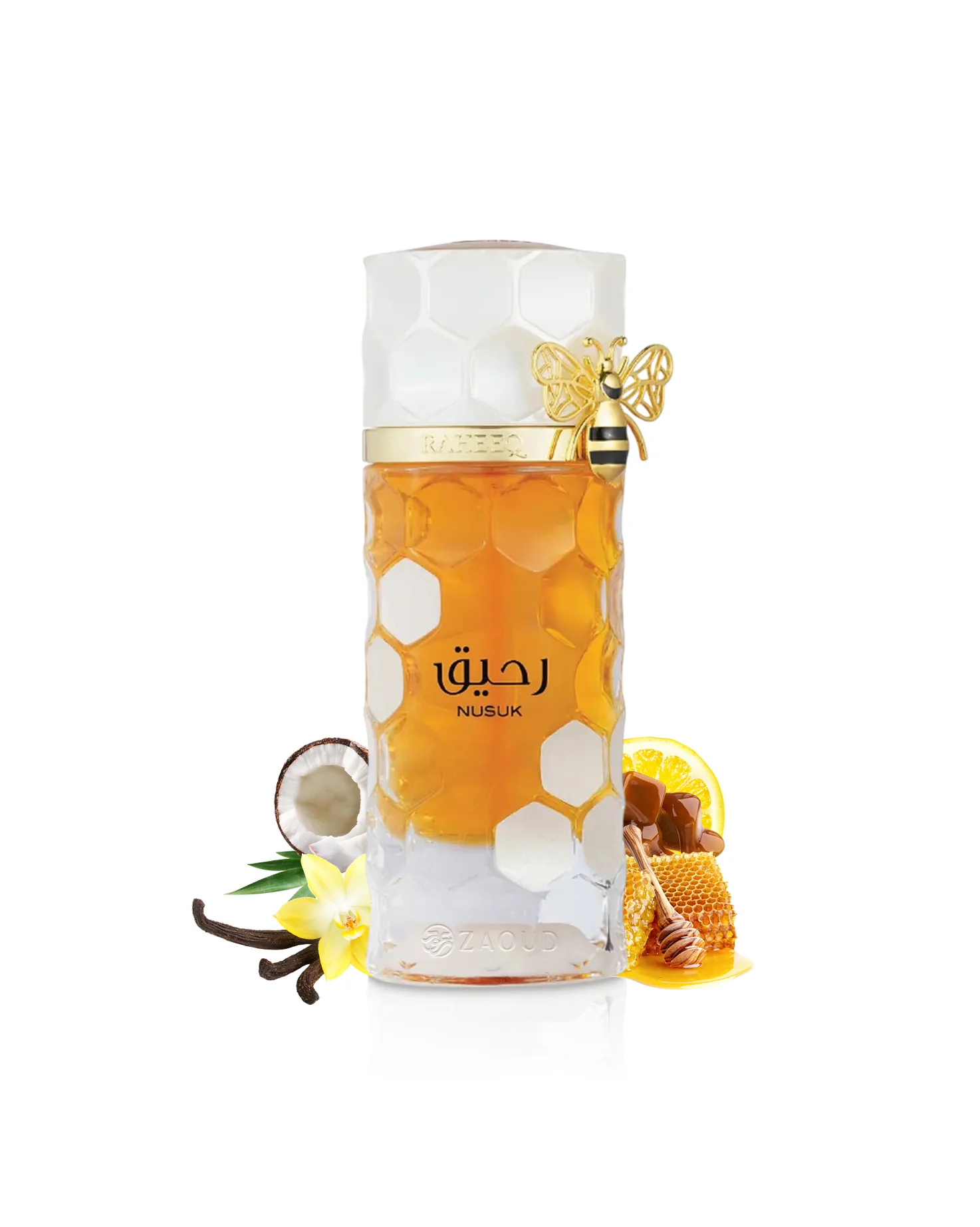 Riiffs Nusuk Raheeq Eau de Parfum 100ml Frasco com padrão colmeia e abelha dourada com líquidos âmbar