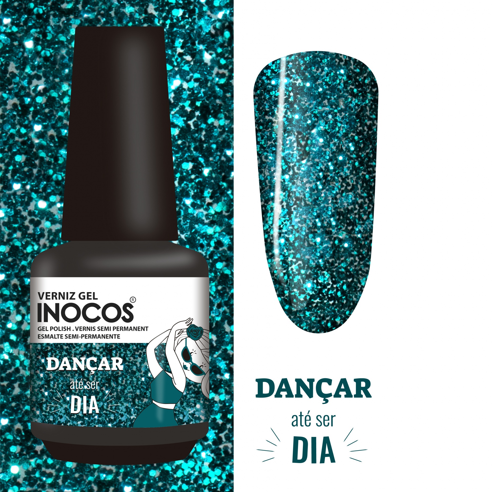 INOCOS VERNIZ GEL DANÇAR ATÉ SER DIA 15ML Esmalte gel Inocos azul turquesa brilhante 'Dançar até ser Dia'