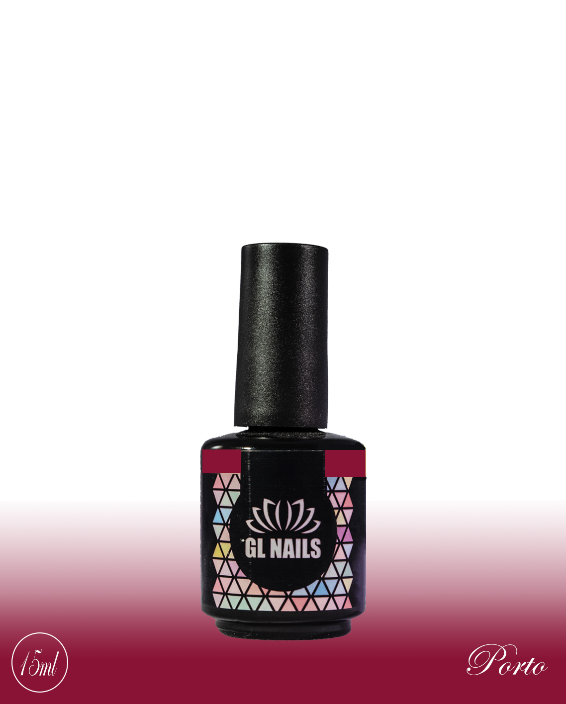 GL Nails - Verniz Gel Porto 15ml Frasco de verniz de unhas GL NAILS com design colorido e tampa preta