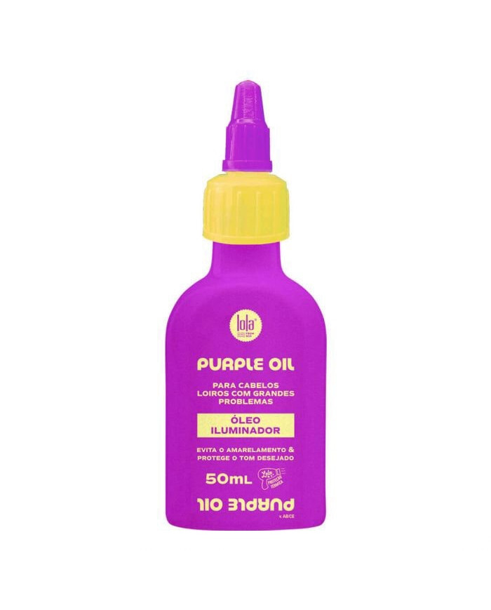 Lola Purple Óleo Iluminador 50ml Frasco plástico roxo com tampa amarela e rótulo em amarelo com texto em português