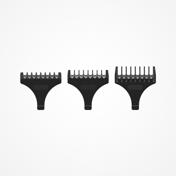 Perfect Beauty Orbis Beam Trimmer Três pentes de aparador de cabelo pretos em fundo branco