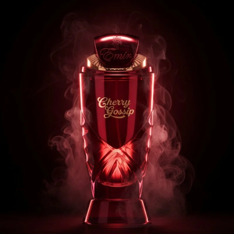 Emir Cherry Gossip EDP U 100 ml Frasco de perfume vermelho com texto dourado e tampa com a palavra Emir