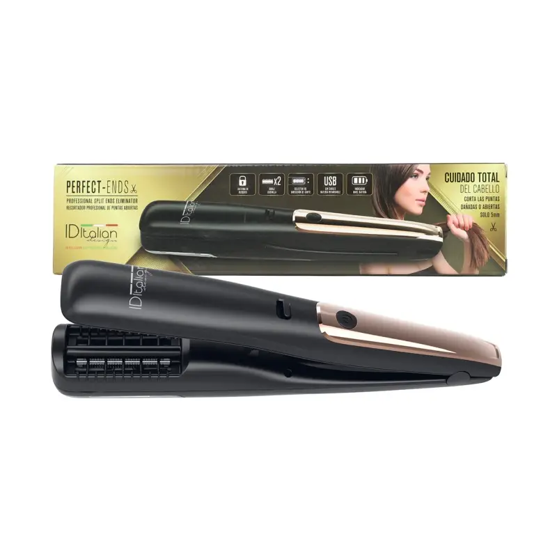 Italiandesign Aparador de pontas Duplas Alisador de cabelo IDItalian preto com detalhes dourados rosa e sua embalagem