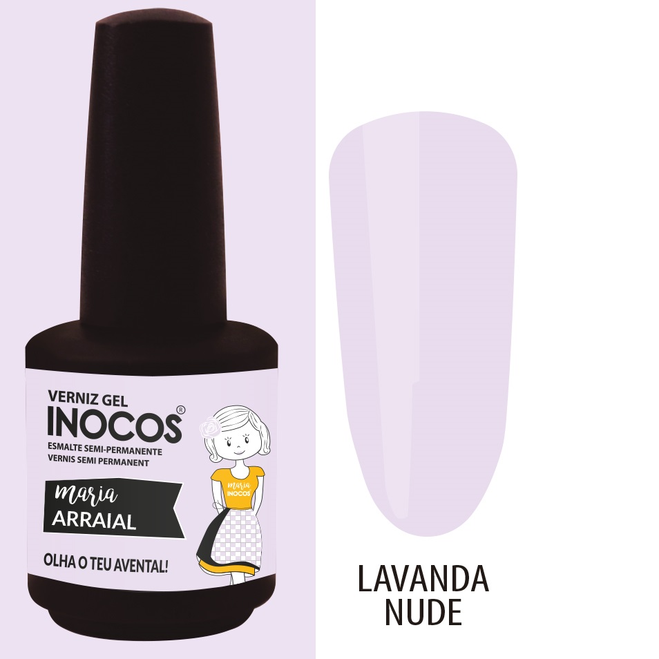 VERNIZ GEL INOCOS MARIA ARRAIAL 15ML Frasco de verniz gel INOCOS lavanda nude e amostra de cor