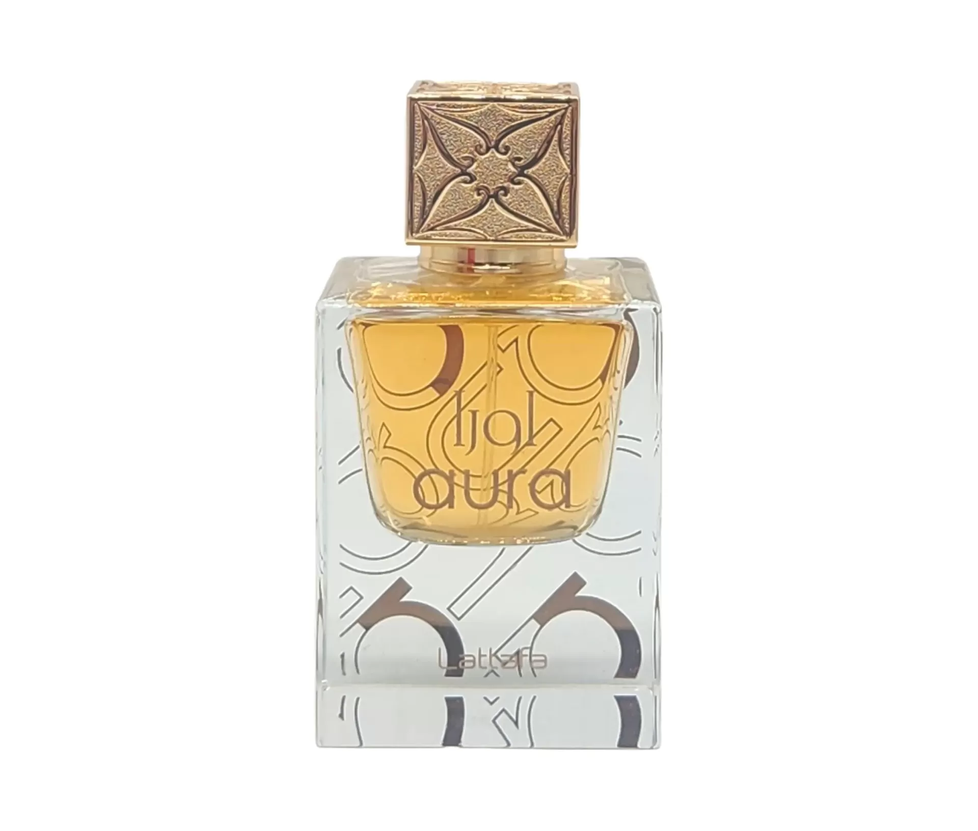 Perfume Lattafa Aura Eau De Parfum Spray 60ml unissex (Original) Frasco de perfume transparente com tampa dourada e líquido âmbar