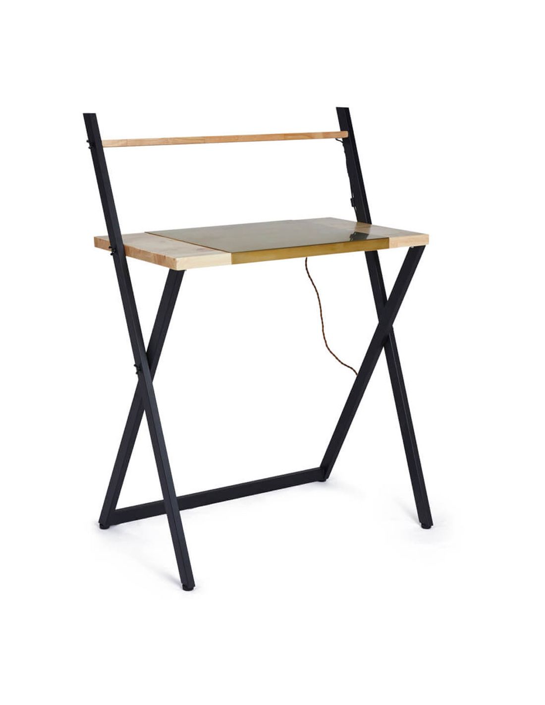 Mesa de Apoio IRIS Secretária pequena com estrutura metálica preta e tampo em madeira clara com detalhe dourado