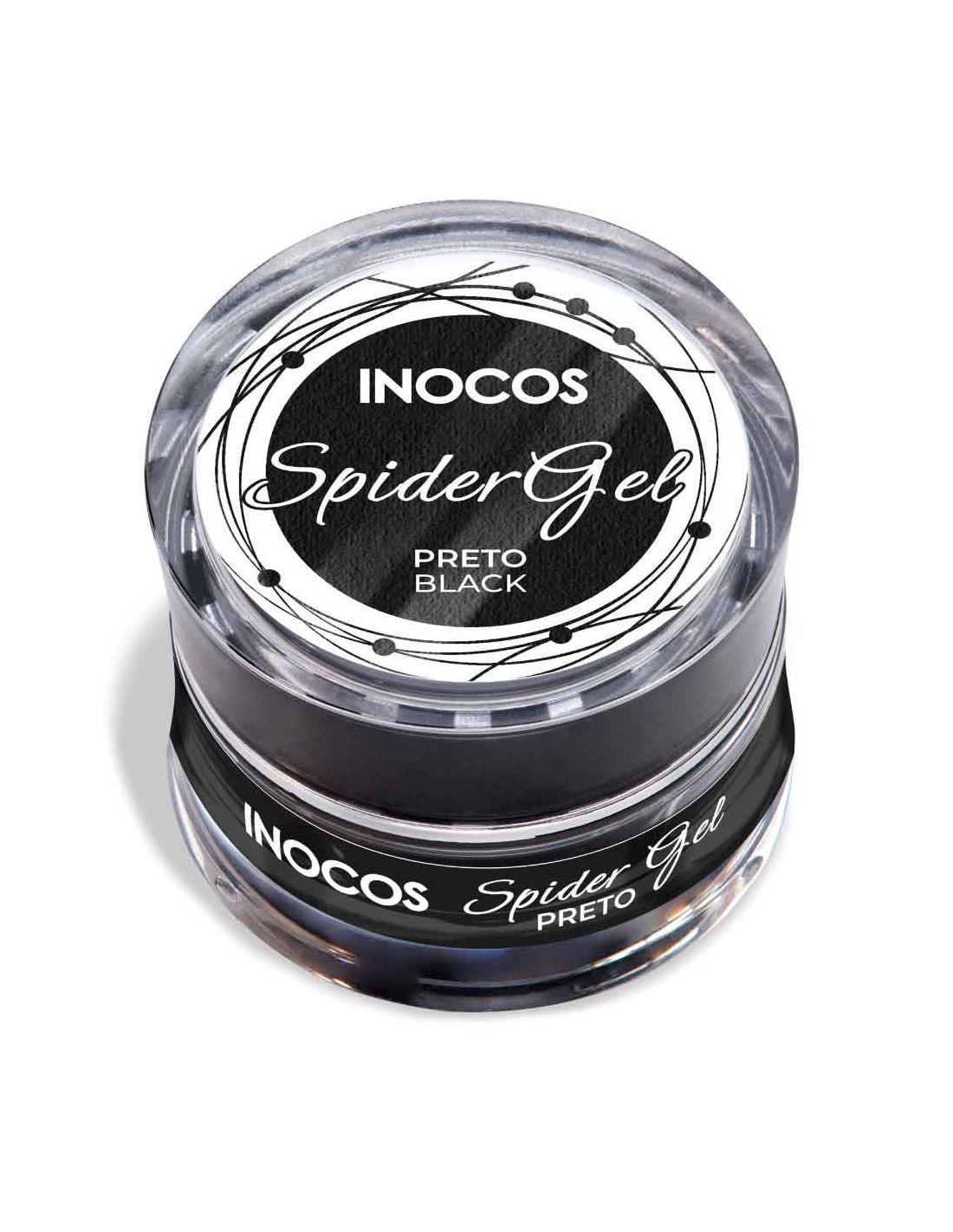 Spider Gel - Preto - 5 ml - INOCOS Frasco pequeno de gel para unhas preto com tampa transparente e rótulos em preto e branco