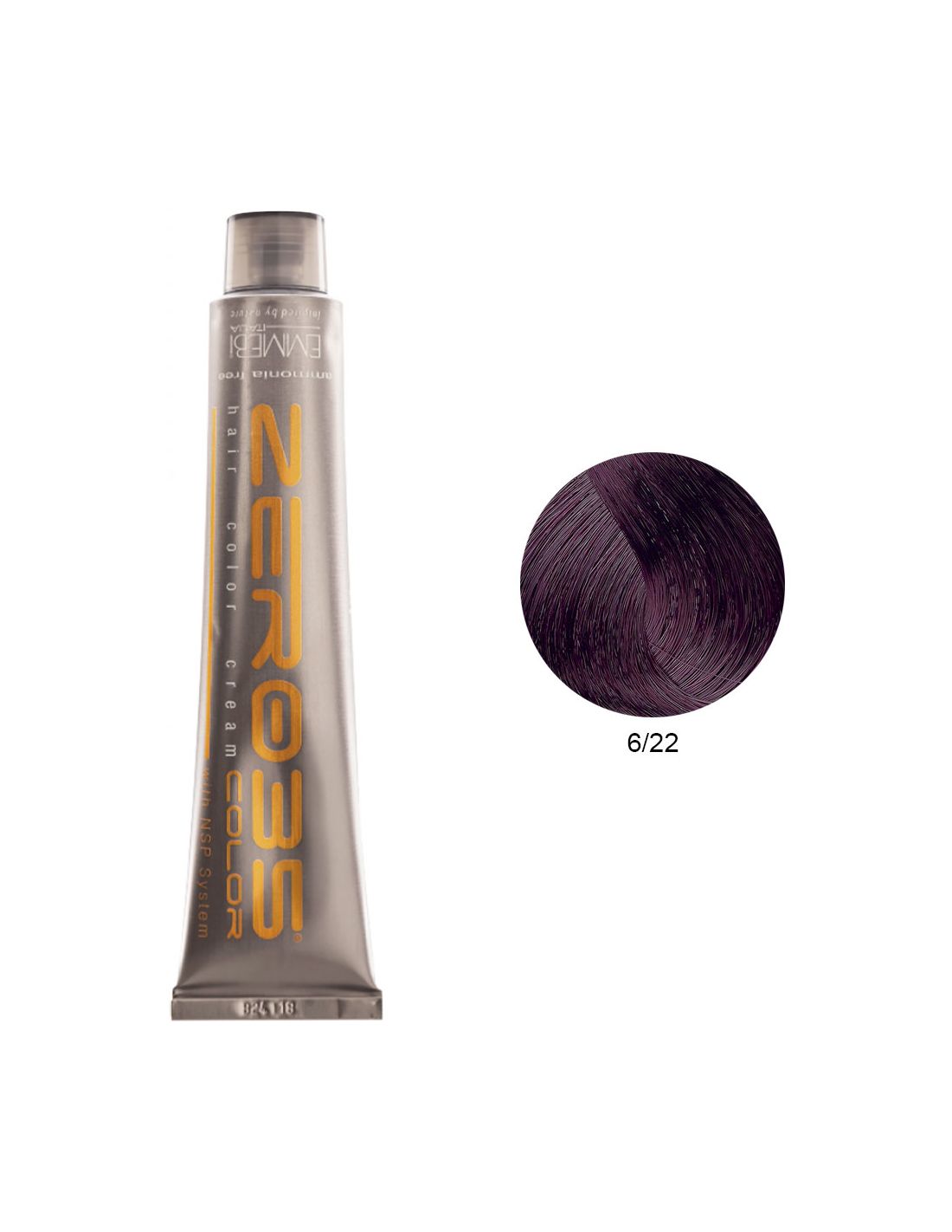 Coloração Sem Amoníaco 100ml - 6/22 Loiro Escuro Violeta - Zero35 - Emmebi Tubo de tinta de cabelo BAWEL NEROSS com amostra de cor roxo escuro 6/22