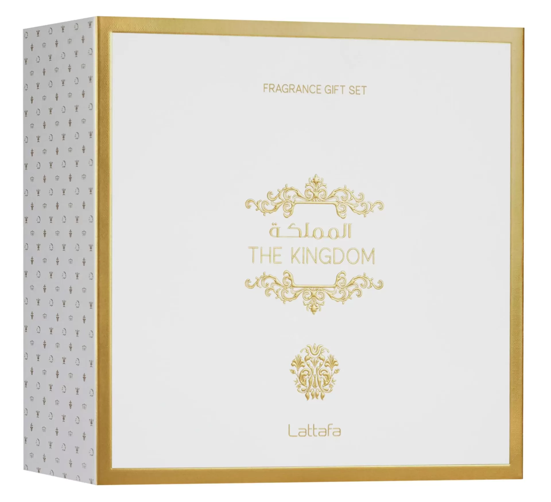The Kingdom Men | 3pc Gift Set | by Lattafa Caixa branca e dourada com conjunto de presente de fragrância The Kingdom da Lattafa