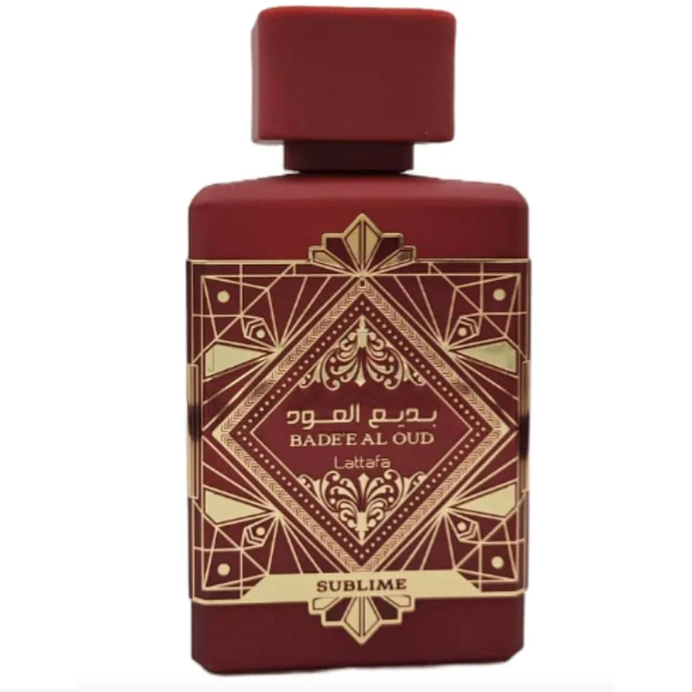 Lattafa Bade'e al Oud Sublime100ml (Original) Frasco de perfume bordô com detalhes dourados e texto Badee Al Oud Sublime.