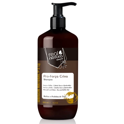 Real Natura CHAMPÔ SEM SAL PRO-FORÇA CRINA 500ML Frasco castanho de shampoo Real Natura Pro-força Crina com doseador preto