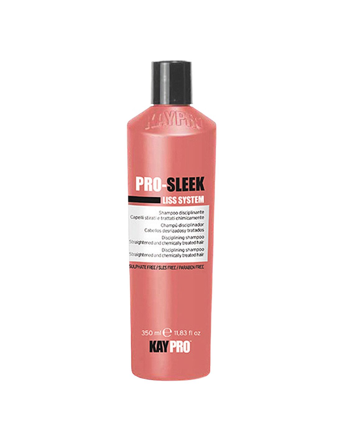 Shampoo Alisamento 350ml - Pro Sleek - KayPro Frasco rosa de champô KayPro PRO-SLEEK com tampa preta