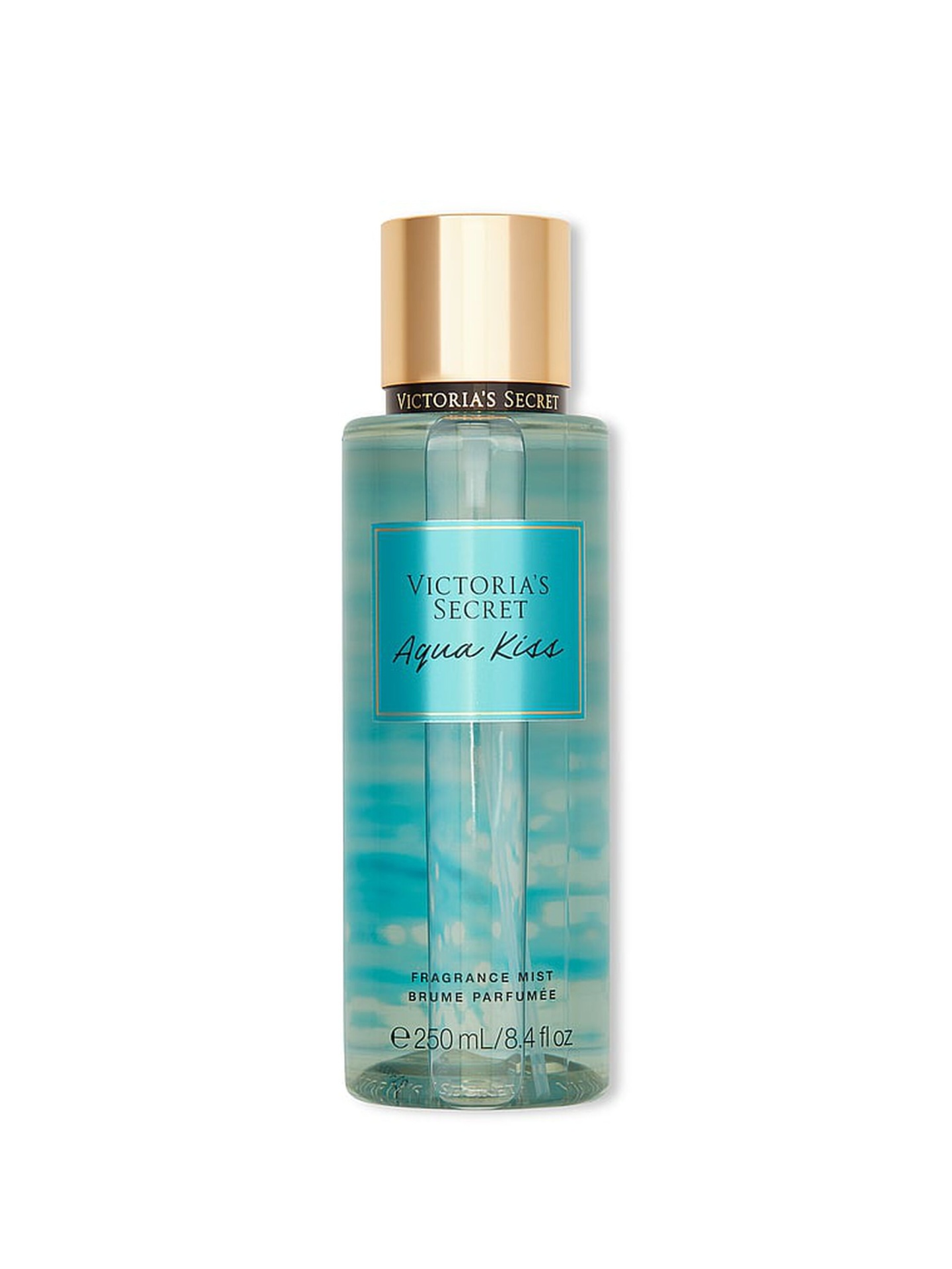 Victoria's Secret Aqua Kiss Fragrance Mist 250 ml Frasco de bruma perfumada azul transparente com tampa dourada