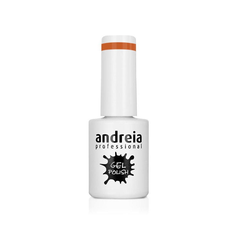 AndreiaProfissional Verniz Gel 225 - 10.5ml Frasco de verniz gel branco com tampa branca e faixa laranja, rotulado 'andreia professional GEL POLISH'