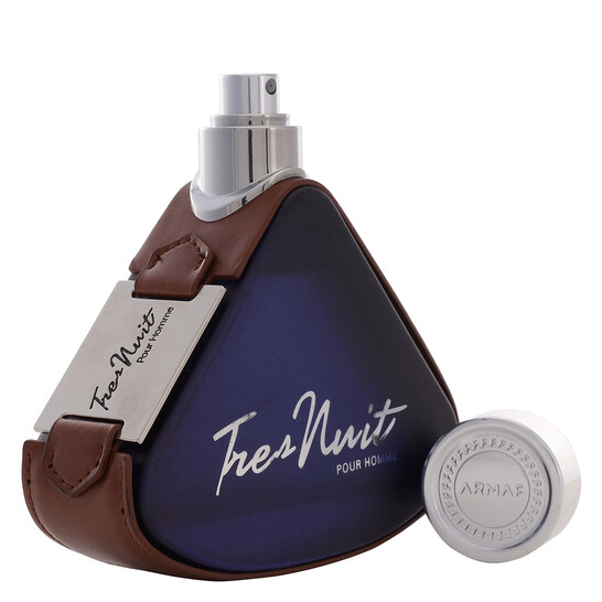 Armaf Tres Nuit Eau De Toilette 100ml Frasco de perfume triangular azul escuro com detalhes em couro castanho e tampa branca.