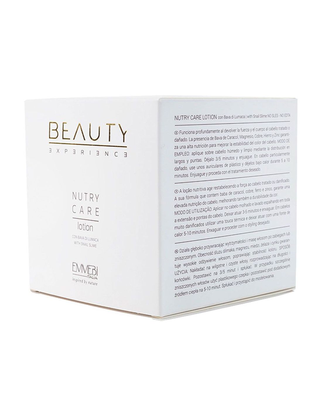 Loção Capilar Nutry Care 12x10ml - Beauty Experience Emmebi Caixa branca do produto Beauty Experience Nutry Care Lotion com texto informativo