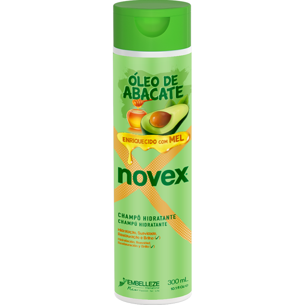 Novex Champô Óleo de Abacate 300ml Frasco verde de champô hidratante Novex com óleo de abacate e mel