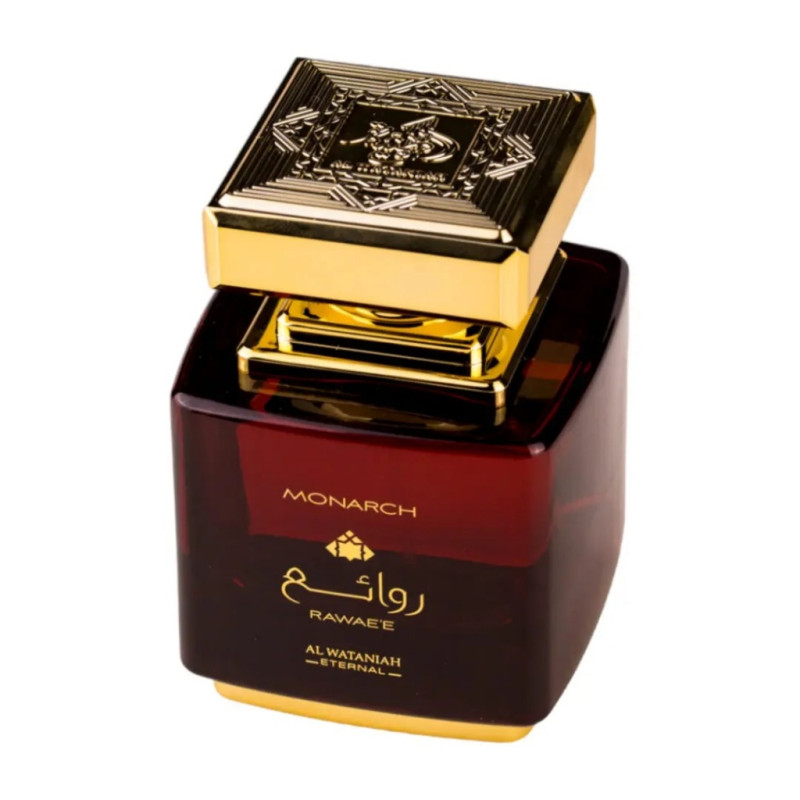 Al Wataniah Eternal Rawaee Monarch Eau De Parfum 100ml Frasco de perfume vermelho escuro com tampa dourada detalhada