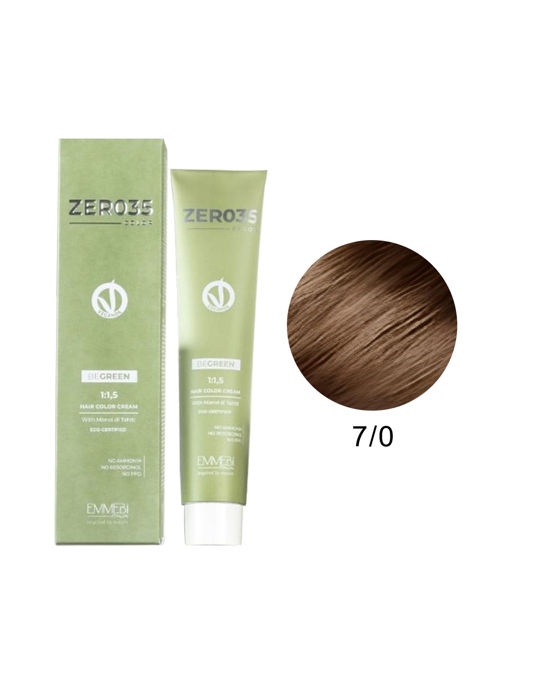 Coloração Be Green Vegan 7/0 Zero35 100ml - Emmebi Creme coloração capilar ZERO35 THE GREEN tom 7/0 castanho claro, embalagem verde clara
