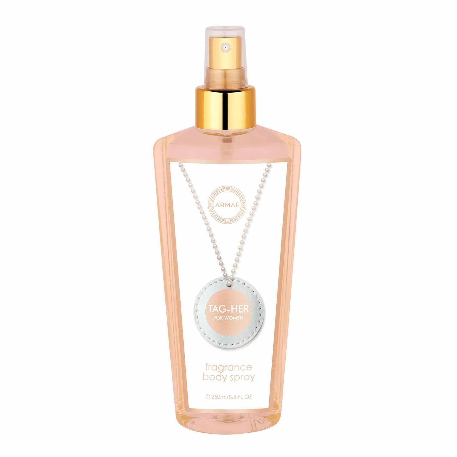 Armaf Tag Her Body Mist 250ml - A Refreshing Body Mist From Frasco rosa claro de body spray com válvula dourada e etiqueta branca com texto