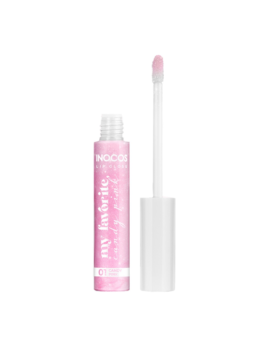 Lip Gloss 01 Candy Pink 8ml - Inocos Coleção de Natal "A minha coisa favorita" Gloss de lábios rosado cintilante com aplicador e texto visível