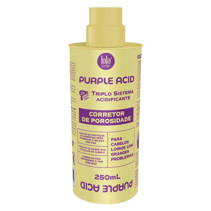 Frasco amarelo com tampa, produto Purple Acid da marca Lola