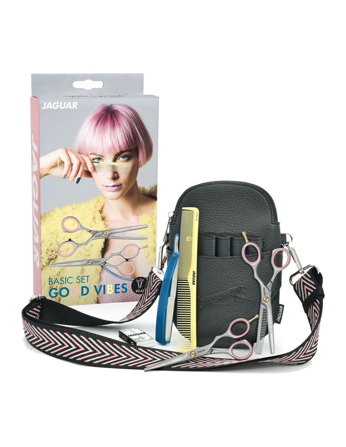 Set Básico Good Vibes Ergo Slice Pre Style - Jaguar Conjunto básico de ferramentas para cabelo JAGUAR com tesouras, pente, navalhete e bolsa preta