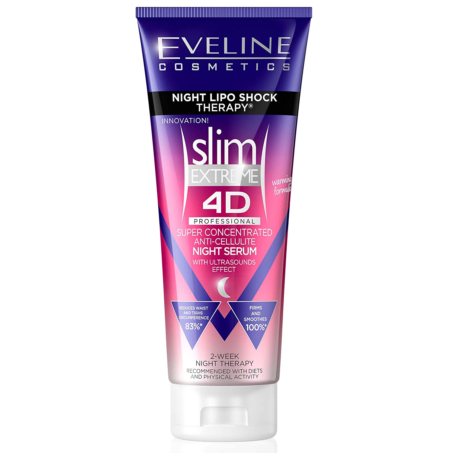 EVELINE Slim Extreme 4D Lipo Schock Super Concentrated AntiCelulite Night Serum 250ml Frasco de sérum noturno anti-celulite Slim Extreme 4D da Eveline Cosmetics em embalagem rosa e roxa